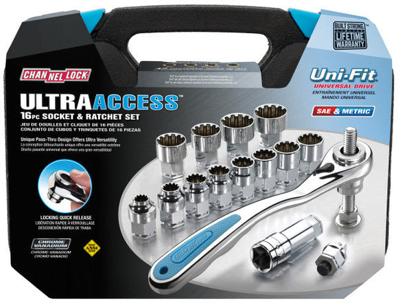 CHANNELLOCK® 39100 16 Pc Ultra-Access™ Pass-Thru Socket and Ratchet Set